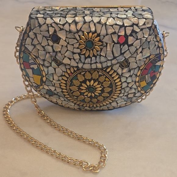 New! RAMLA Mosaic Metal Clutch/Shoulder Bag Handmade In Morocco - Picture 1 of 12